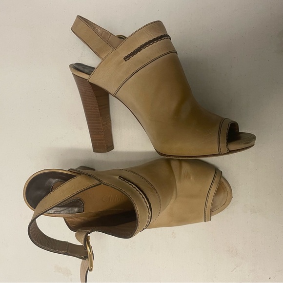 Chloe Made in Italy Slingback Peep Toe Heeled Mules in Tan Size 39 1/2 - Picture 2 of 9